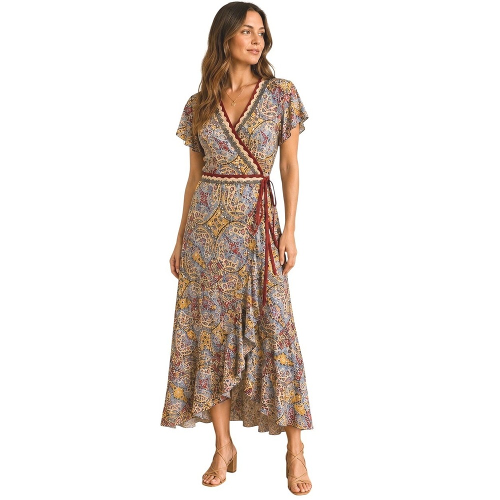 BCBGMaxAzria Paisley Wrap Midi Dress Size M Boho Asymmetric Hem Wedding Guest